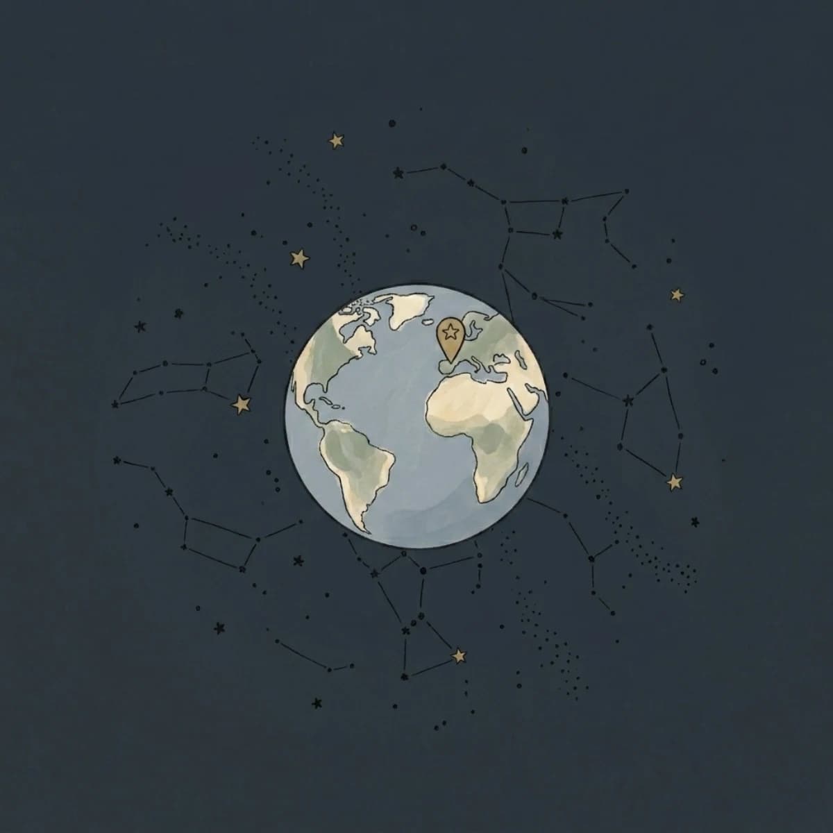 Illustration of a stylized night sky with constellation lines and Milky Way