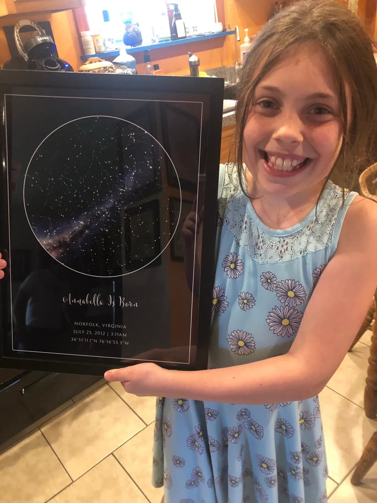 Birth star map in a nursery beside a crib