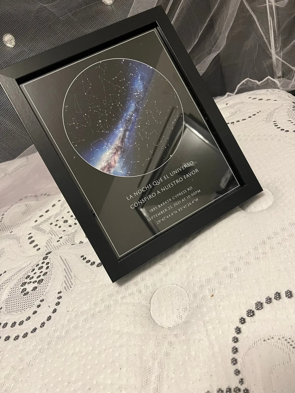 Star map poster on an office desk shelf