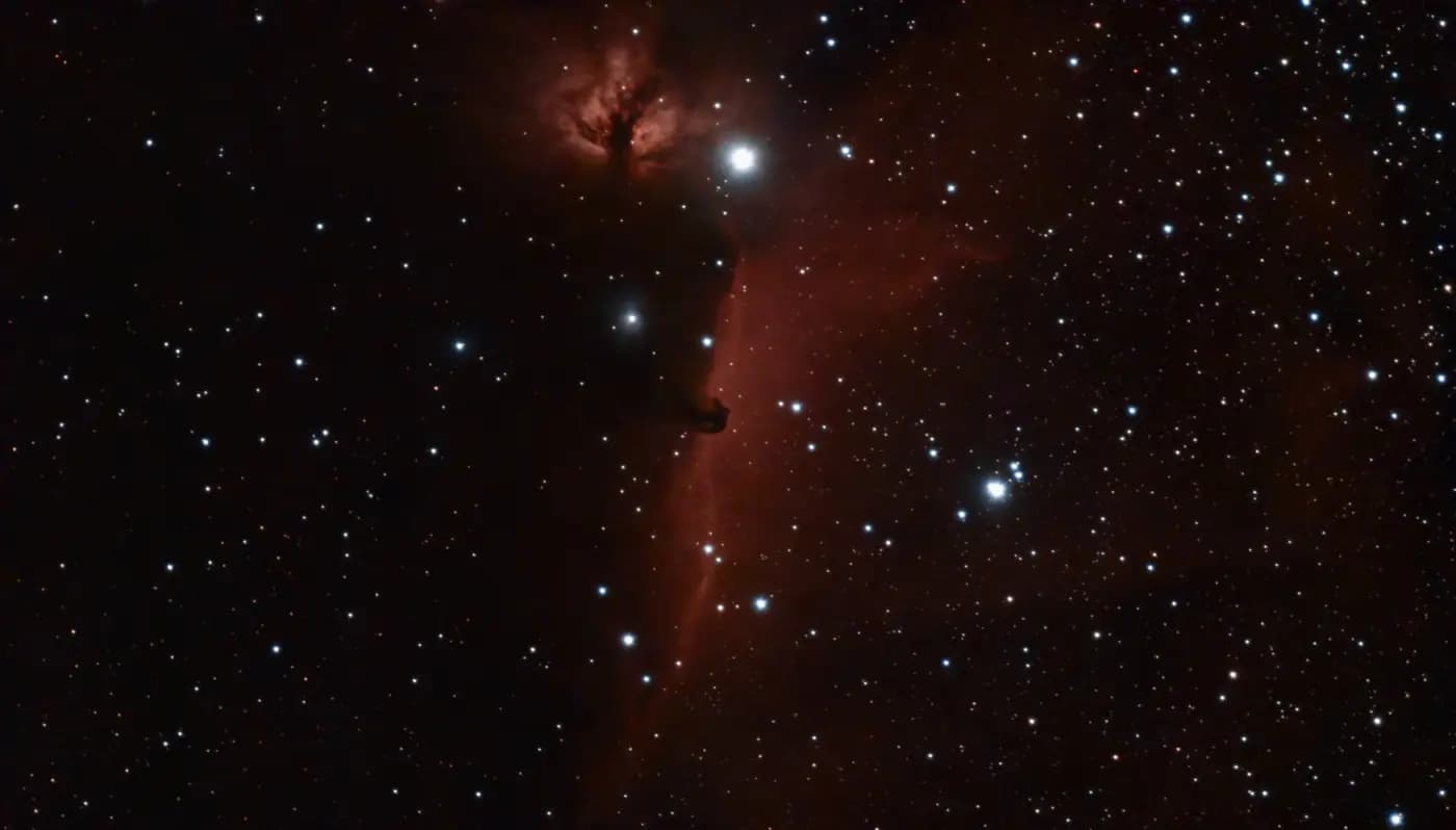 Horsehead and Flame Nebula photographed through a backyard telescope
